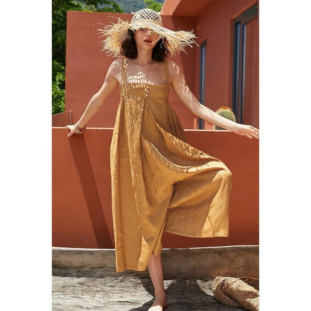 NEW Oversized Sleeveless Linen Blend Loose Jumpsuit Adjustable Strap L Orange